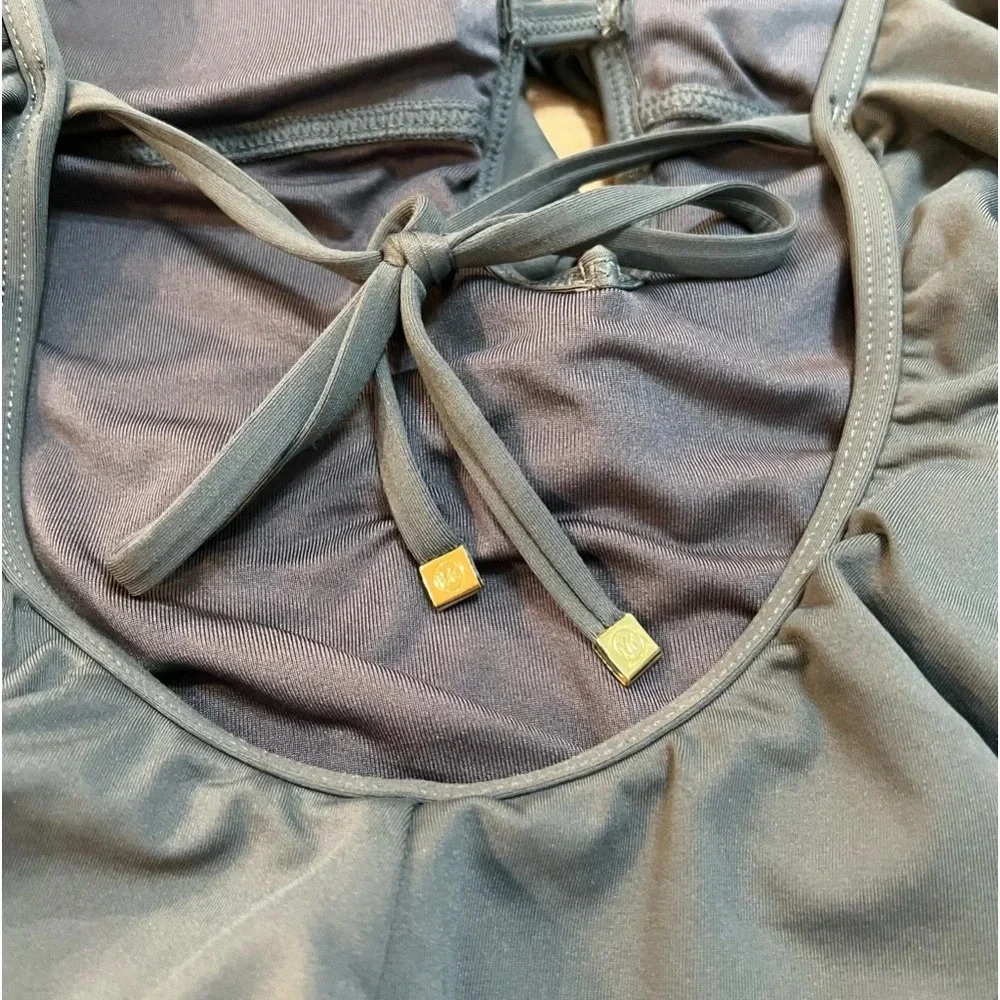 MICHAEL Michael Kors Slate Gray Ruffled Scoop-Back One-Piece Swimsuit. Size 8. - Picture 13 of 16